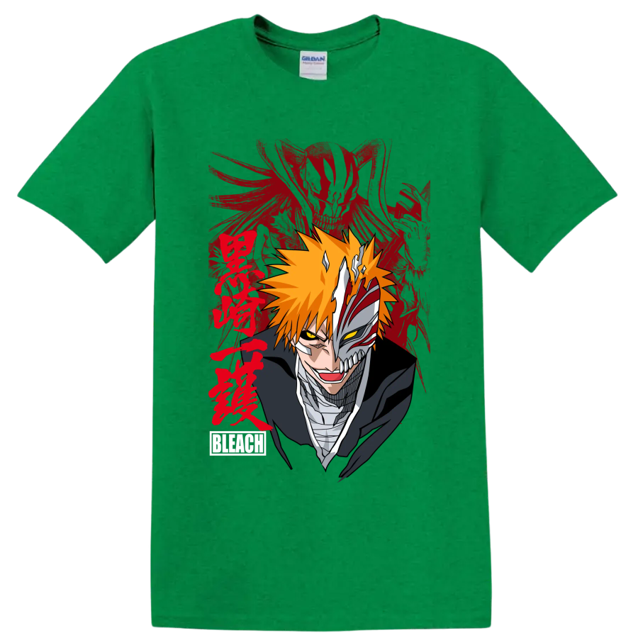 Ichigo Kurosaki split Hollow mask portrait with orange hair and red brushstroke art on a Antic Irish Green T Shirt