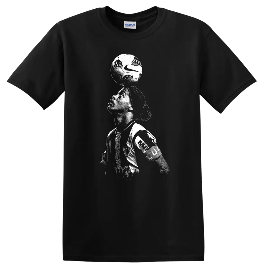 Retro soccer legend portrait of Ronaldinho Gaúcho style on black T - Black