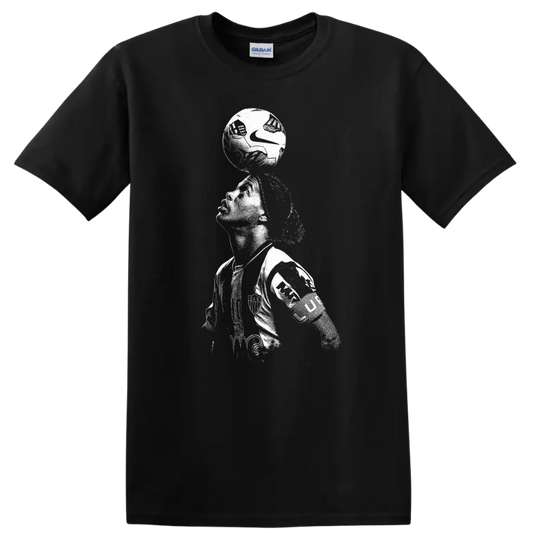 Retro soccer legend portrait of Ronaldinho Gaúcho style on black T - Black