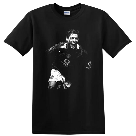 Retro black and white Cristiano Ronaldo soccer portrait graphic T - Black