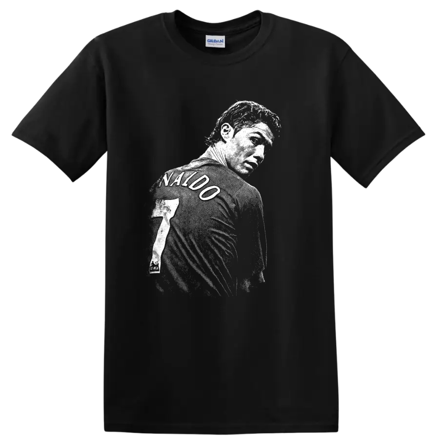 Retro soccer portrait of Cristiano Ronaldo style graphic T - Black
