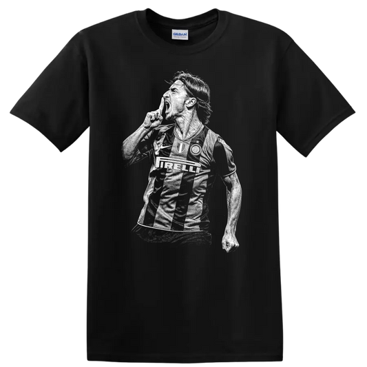 Black and white retro soccer player portrait graphic T Shirt featuring Zlatan - Black