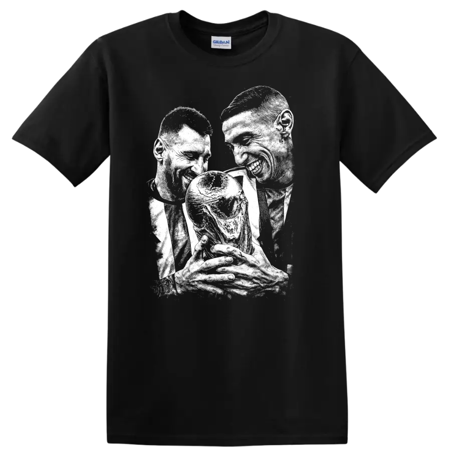 Retro soccer legend portrait design featuring Lionel Messi and Ángel Di María T - Black