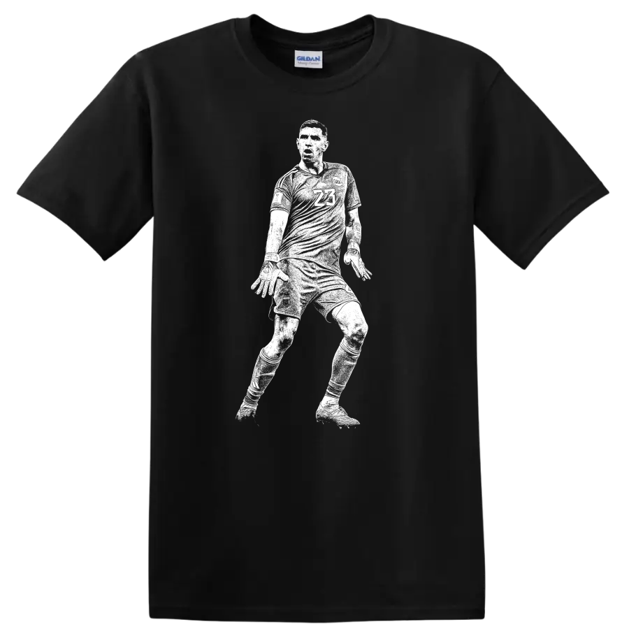 Black and white retro soccer player silhouette design for Emiliano Martínez T - Black