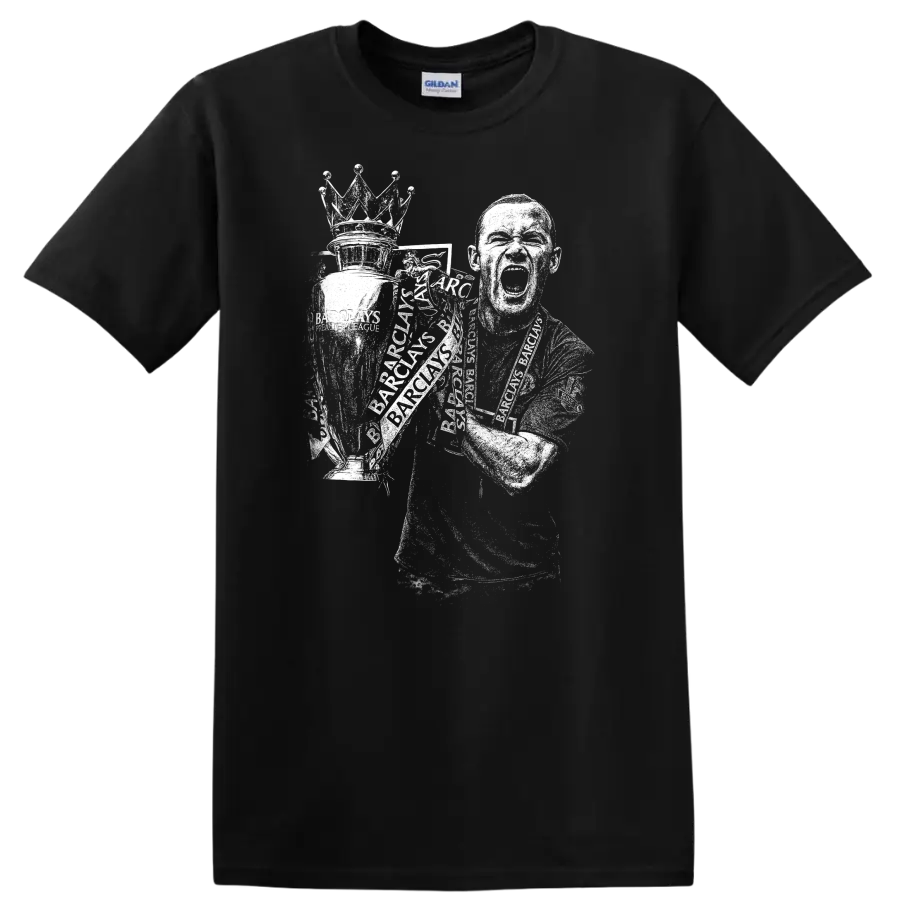 Retro soccer player portrait style graphic inspired by Wayne Rooney on a T - Black