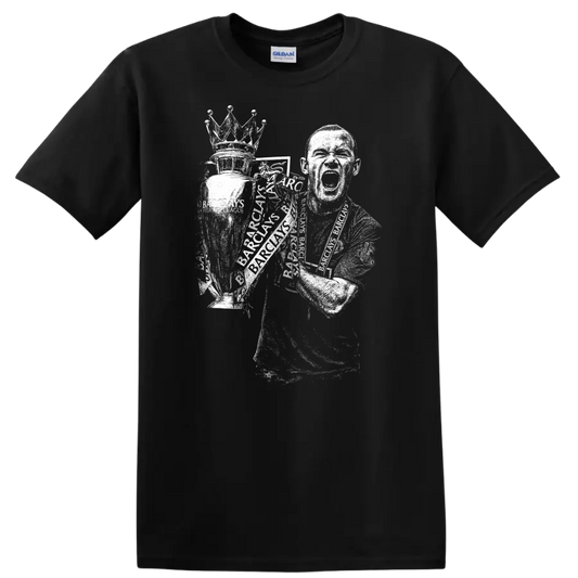 Retro soccer player portrait style graphic inspired by Wayne Rooney on a T - Black