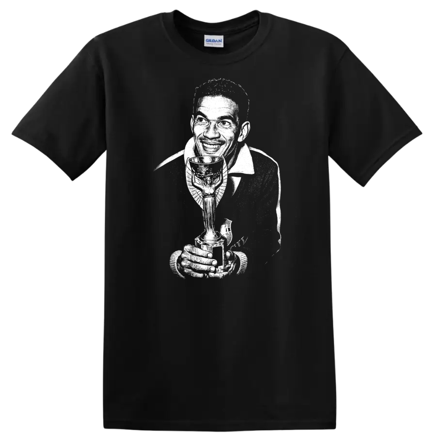 Black and white retro soccer portrait graphic T shirt of Manuel Francisco dos - Black