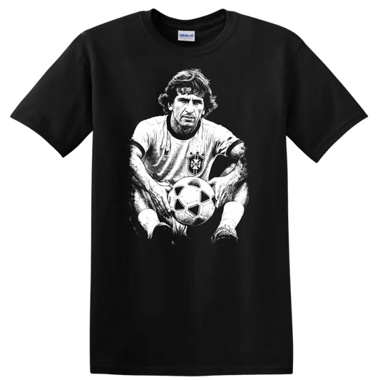 Retro soccer legend portrait style graphic inspired by Arthur Antunes Coimbra on a T - Black
