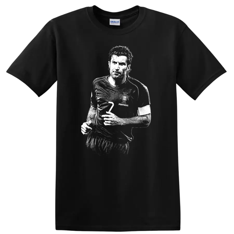 High-contrast retro soccer portrait of Luís Figo style graphic T-shirt - Black