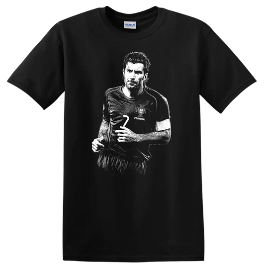 High-contrast retro soccer portrait of Luís Figo style graphic T-shirt - Black