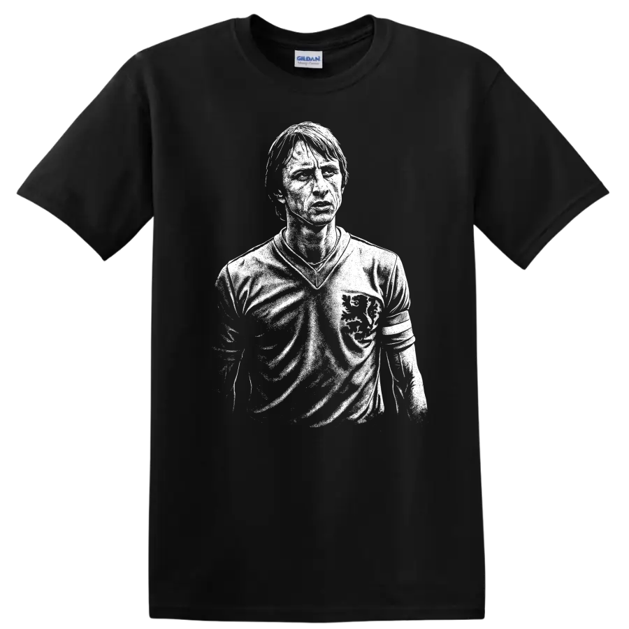 Black and white retro soccer portrait graphic T shirt inspired by Johan - Black