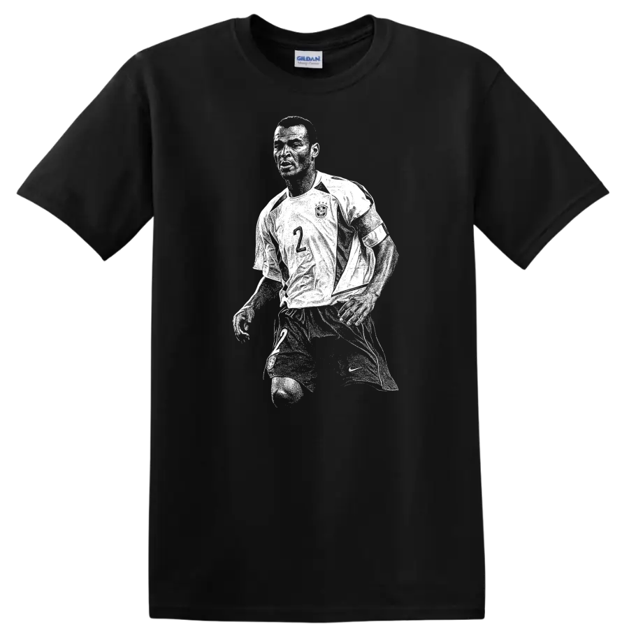 Retro pixel-style Ronaldo Nazário soccer portrait on black T - Black