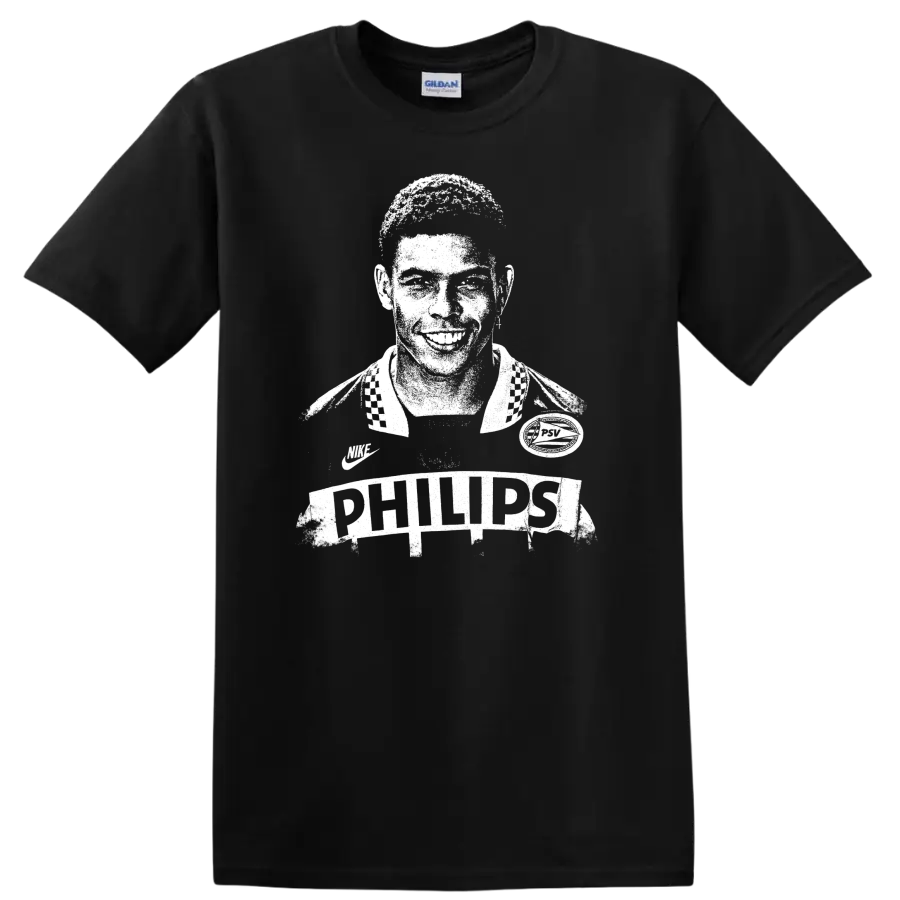 Retro soccer legend portrait design inspired by Ronaldo Nazário with bold vintage style T - Black