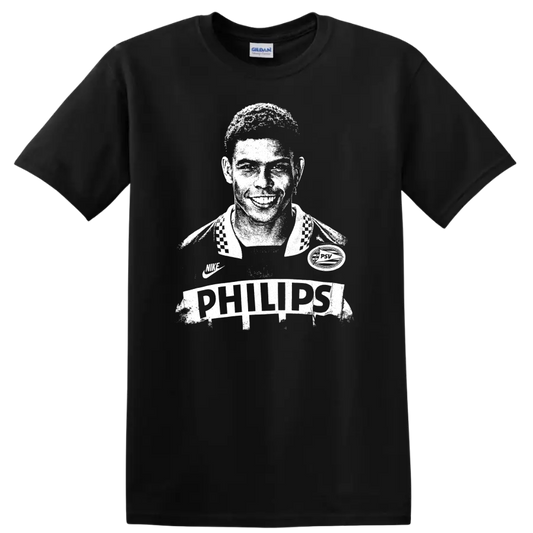 Retro soccer legend portrait design inspired by Ronaldo Nazário with bold vintage style T - Black