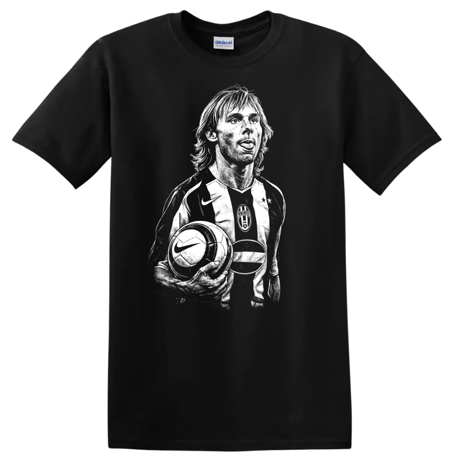 Black and white retro soccer portrait graphic T shirt featuring Pavel - Black