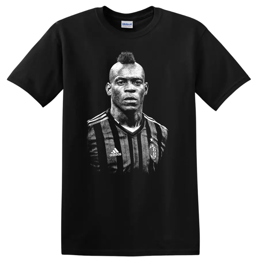 Retro soccer player portrait graphic inspired by Mario Balotelli on a T - Black