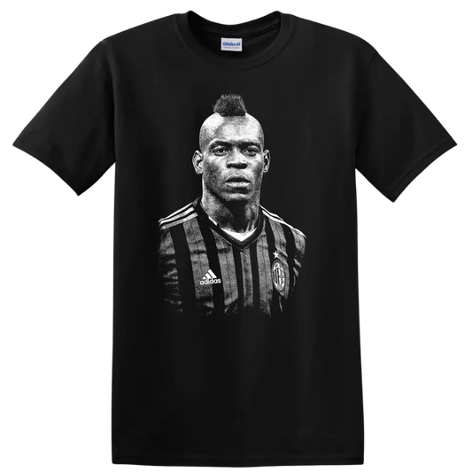 Retro soccer player portrait graphic inspired by Mario Balotelli on a T - Black