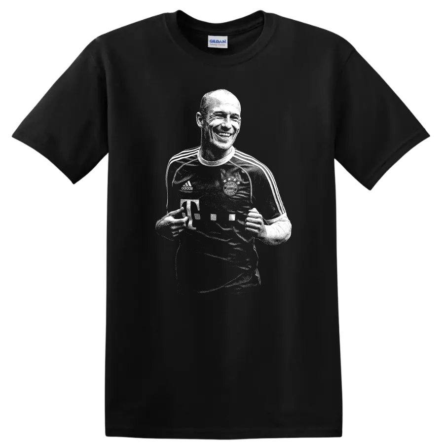Black and white retro soccer portrait of Arjen Robben on a T - Black