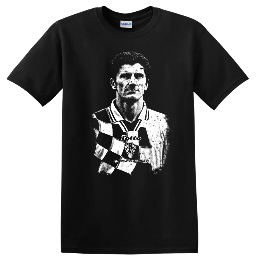 High-contrast retro soccer portrait of Davor Šuker graphic T - Black