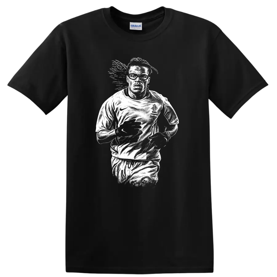 High-contrast retro soccer portrait of Edgar Davids inspired legend style T - Black