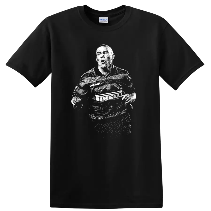 Retro soccer legend portrait of Ronaldo Nazário style graphic T - Black