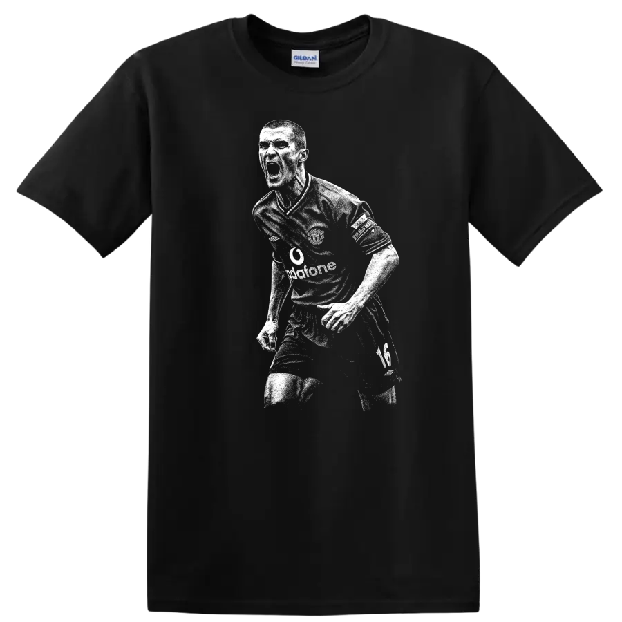 High-contrast retro soccer portrait of Roy Keane style T-shirt - Black