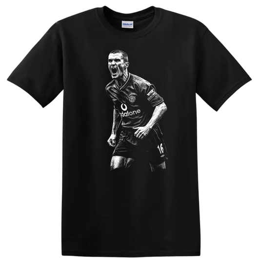 High-contrast retro soccer portrait of Roy Keane style T-shirt - Black