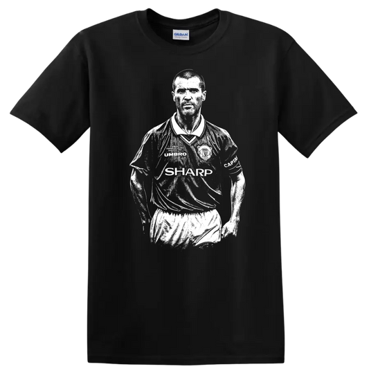 Black and white retro soccer portrait of Roy Keane style T - Black