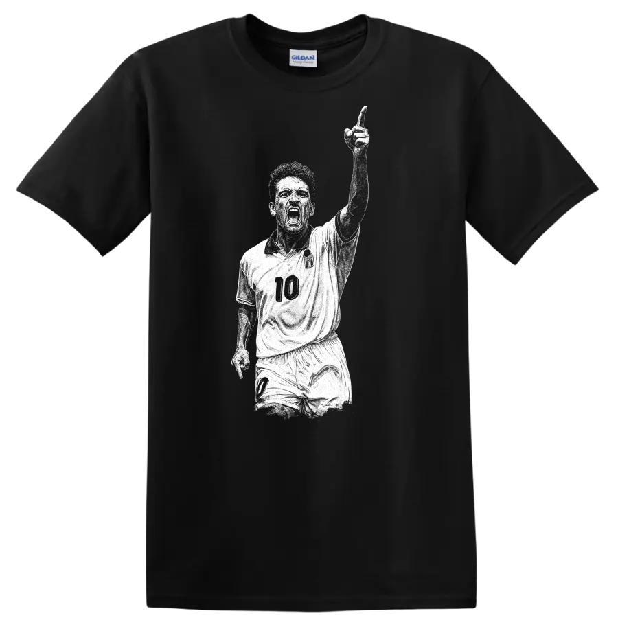 Retro soccer legend portrait of Roberto Baggio in bold black and white T Shirt - Black