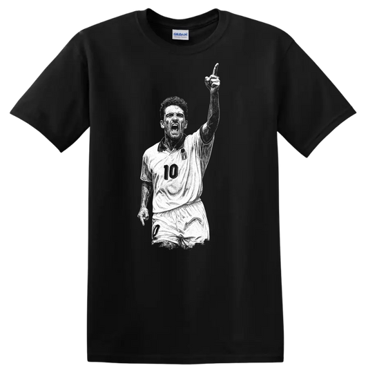 Retro soccer legend portrait of Roberto Baggio in bold black and white T Shirt - Black