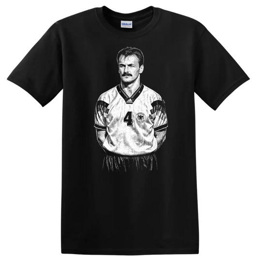Retro soccer legend portrait style graphic featuring Jürgen Kohler on a T - Black