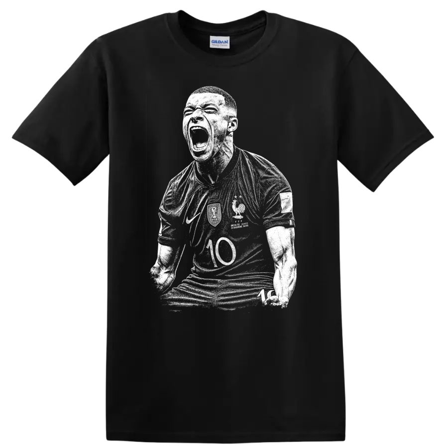 Black and white retro soccer portrait style Kylian Mbappe T Shirt - Black