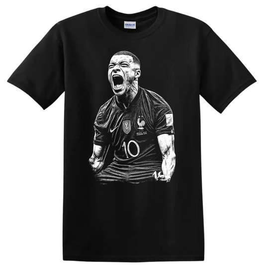Black and white retro soccer portrait style Kylian Mbappe T Shirt - Black