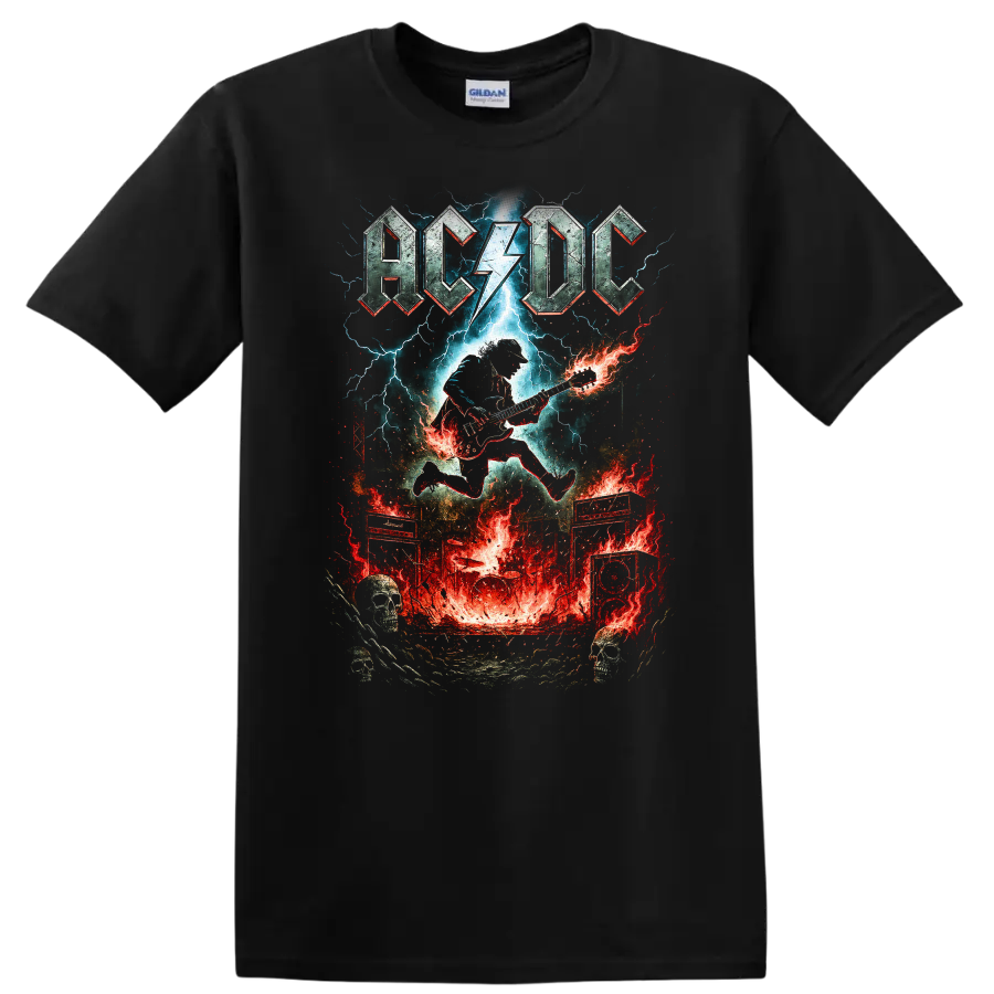 AC DC Retro Rock Lightning Guitar Heavy Metal T Shirt on a Black T Shirt