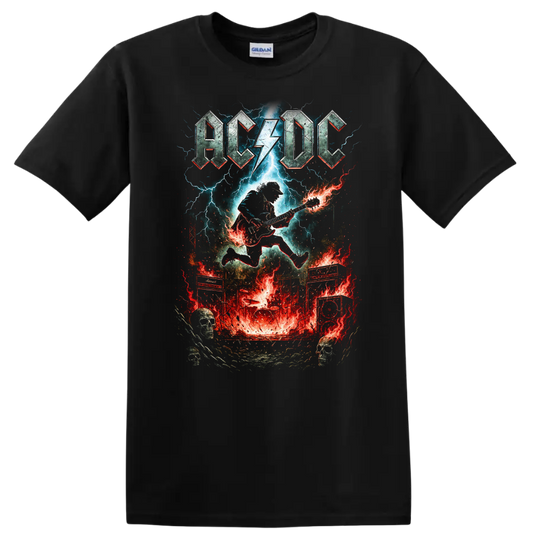 AC DC Retro Rock Lightning Guitar Heavy Metal T Shirt on a Black T Shirt