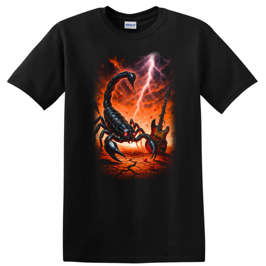 Vintage classic rock scorpion graphic T shirt design on a Black T Shirt