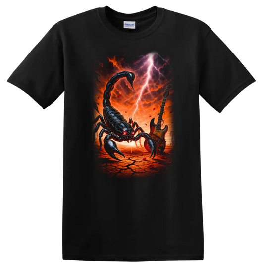Vintage classic rock scorpion graphic T shirt design on a Black T Shirt