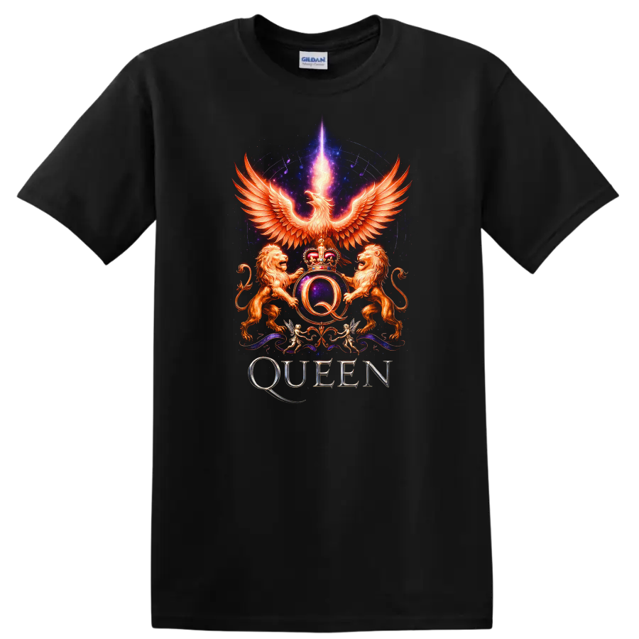 Retro Rock Queen Phoenix Crest Heavy Metal Band Style T Shirt - Black