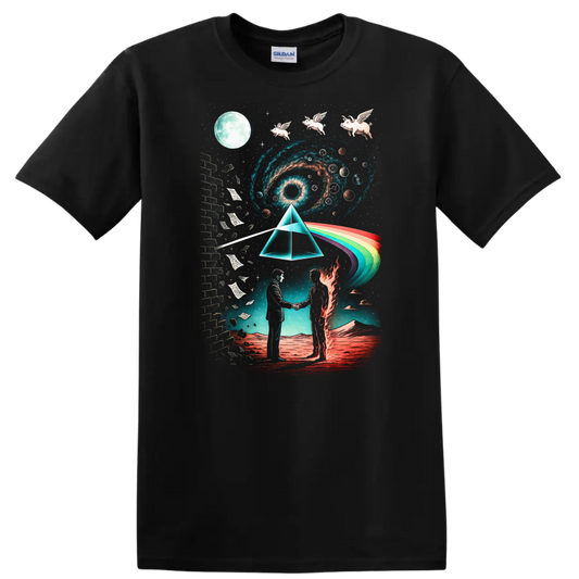 Vintage Pink Floyd inspired T Shirt with cosmic art and rainbow design on a Black T Shirt