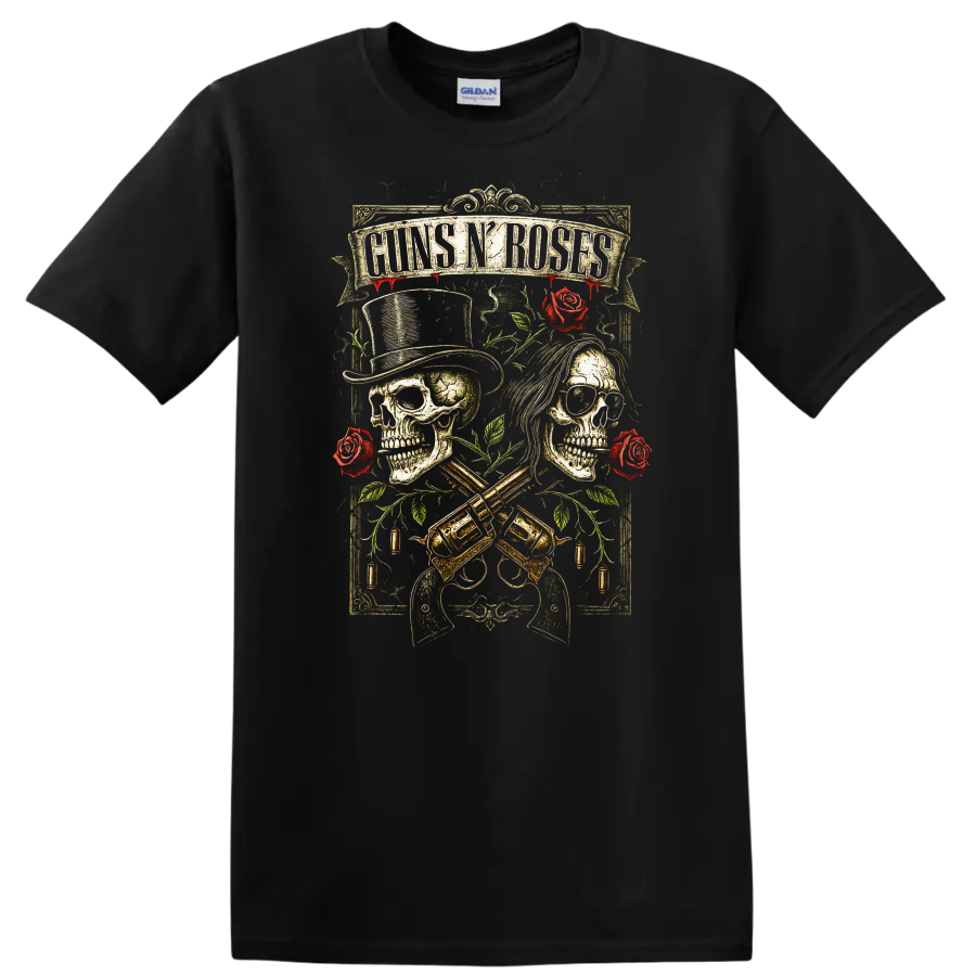 Guns N’ Roses Retro Heavy Metal Skull Roses T Shirt - Black