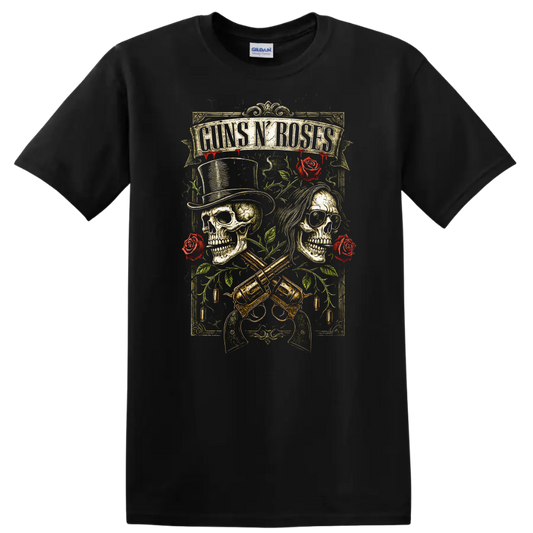 Guns N’ Roses Retro Heavy Metal Skull Roses T Shirt - Black