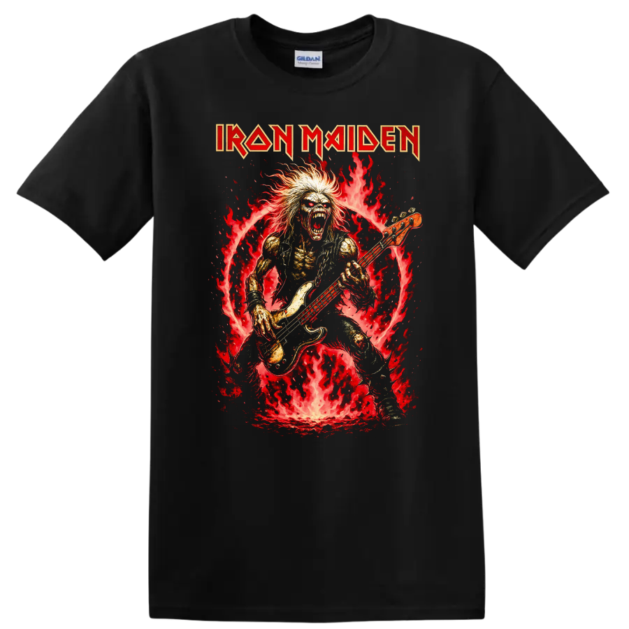 Iron Maiden Heavy Metal Album Cover Flame Bassist T Shirt - Black