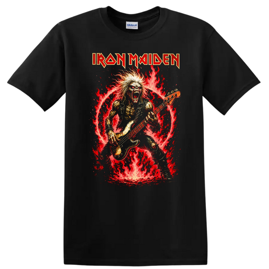 Iron Maiden Heavy Metal Album Cover Flame Bassist T Shirt - Black