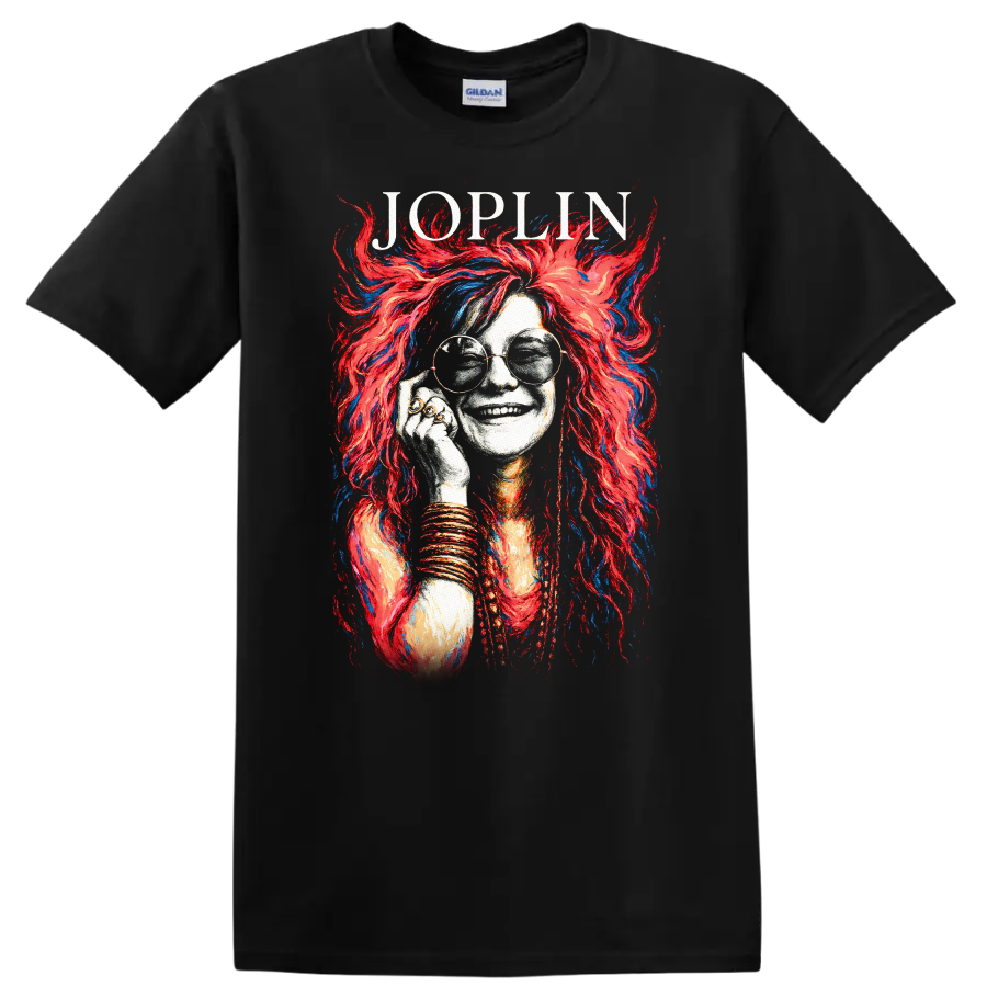 Joplin Retro Rock Heavy Metal Album Style Portrait T Shirt - Black