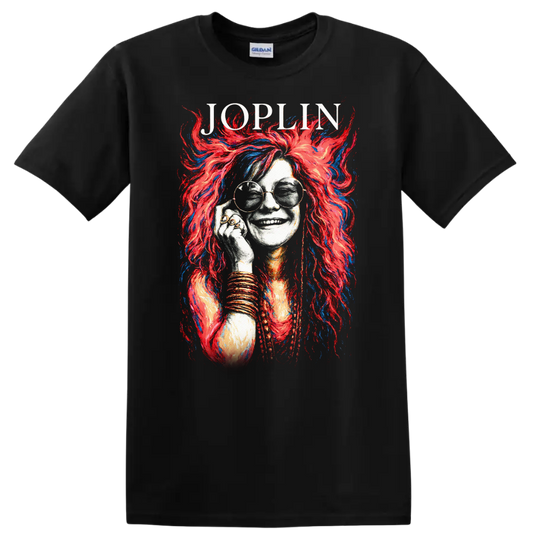 Joplin Retro Rock Heavy Metal Album Style Portrait T Shirt - Black