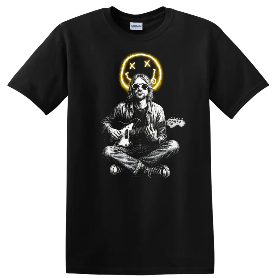 Retro Rock Heavy Metal Nirvana Style Guitar Player T Shirt - Black