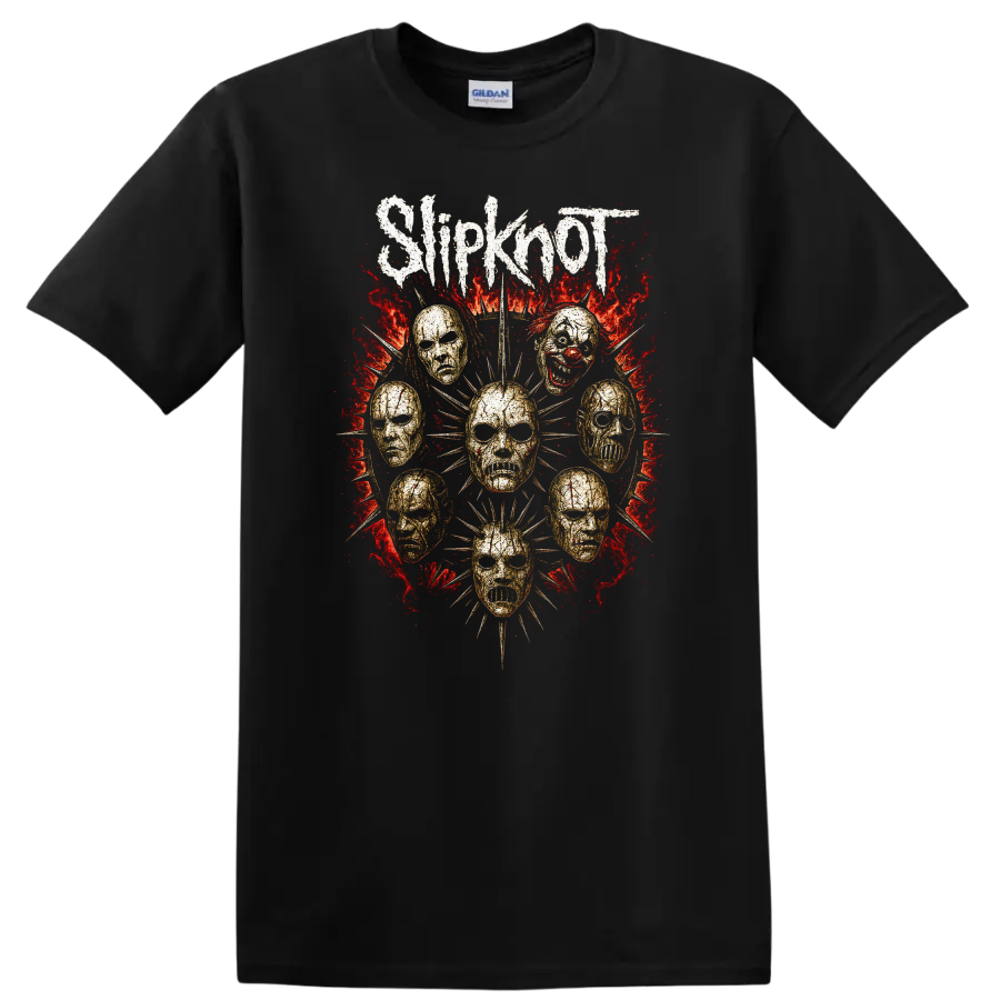 Retro Metal Skull Masks Heavy Rock Album Art T Shirt - Black