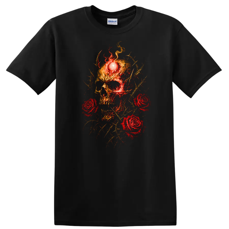 Retro Heavy Metal Skull Roses Fire T Shirt Dark Rock Band Cover Style - Black