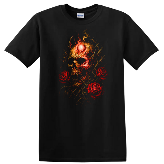 Retro Heavy Metal Skull Roses Fire T Shirt Dark Rock Band Cover Style - Black