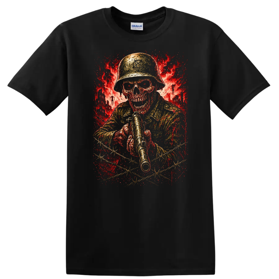 Retro Heavy Metal Skull Soldier Helmet T Shirt Red Explosion Graphic - Black